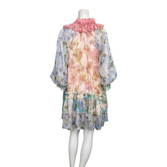 Beulah Style Floral Print Ruffle Tiered Long Sleeve Dress Pink Blue Size Large N - Picture 2 of 3